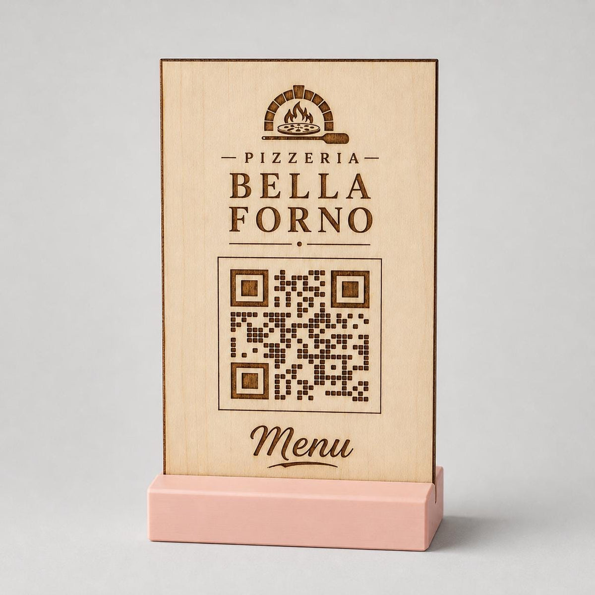 qr code in legno e base in 3d in plastica con basetta per caffetterie bar pasticceria bakery floreale qr code design rustico moderno