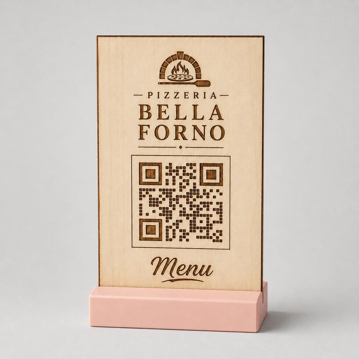 Totem qr code in legno e base in 3d in plastica per caffetterie bar pasticceria bakery floreale qr code design rustico moderno
