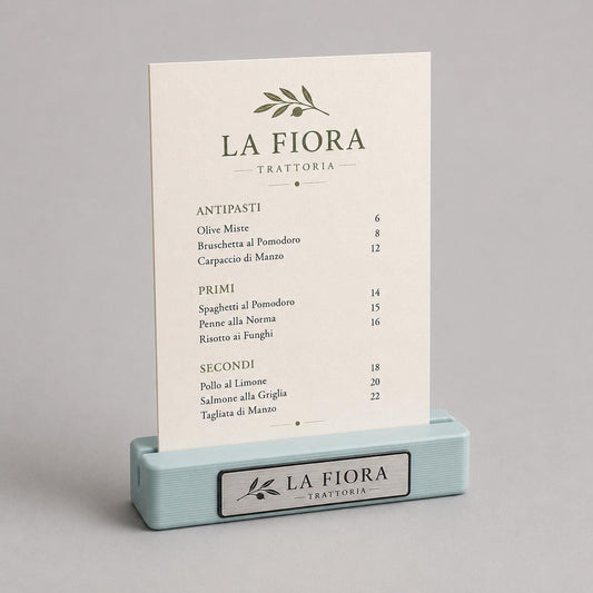 Base in plastica per menu fai da te Porta Menu e Segnatavolo Personalizzato in Stampa 3D per menu in cartoncino formato A5