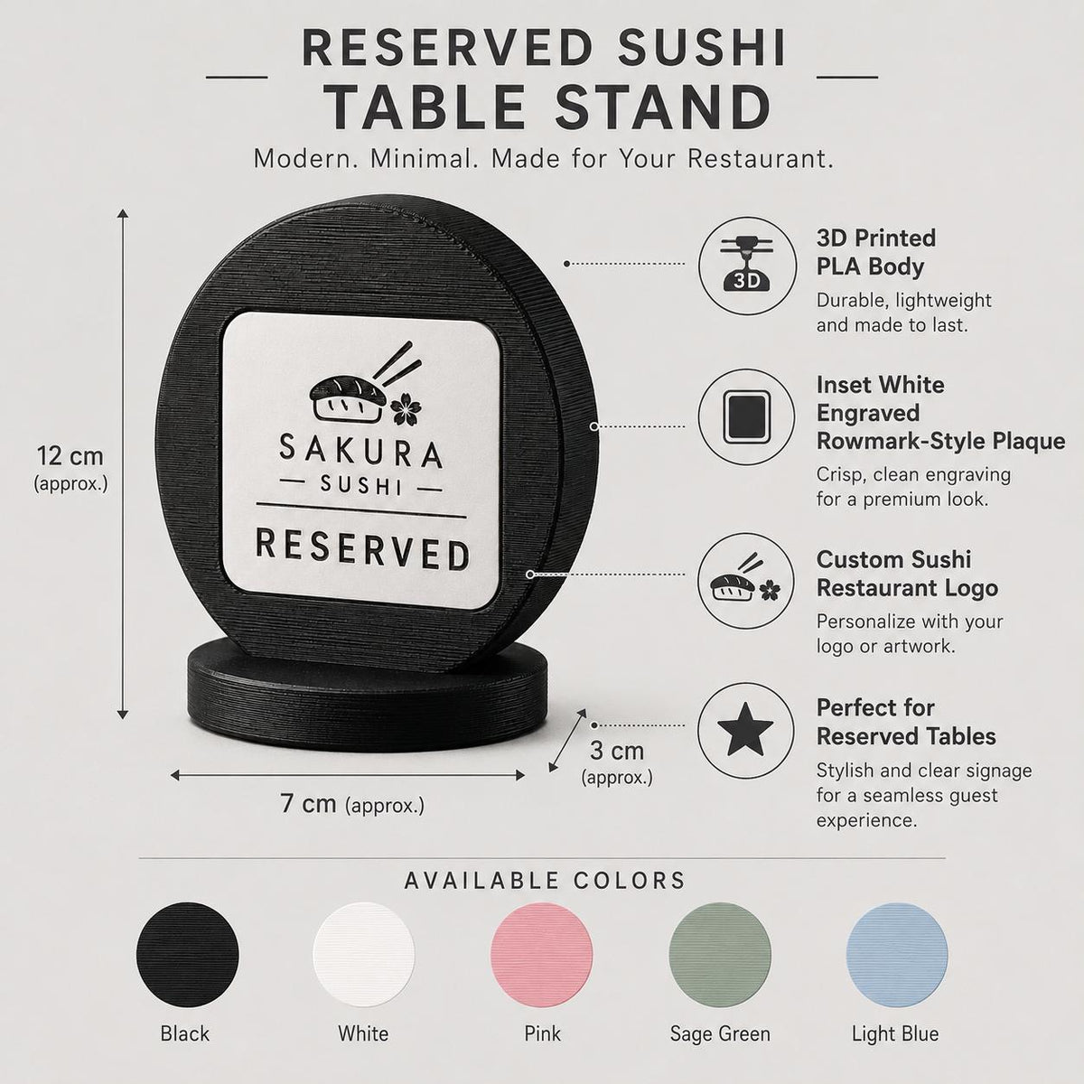 Segnatavolo Reserved Personalizzato | Stand Riservato in Stampa 3D con Targhetta Incisa | Cartello Tavolo Ristorante, Sushi, Bar e Hotel