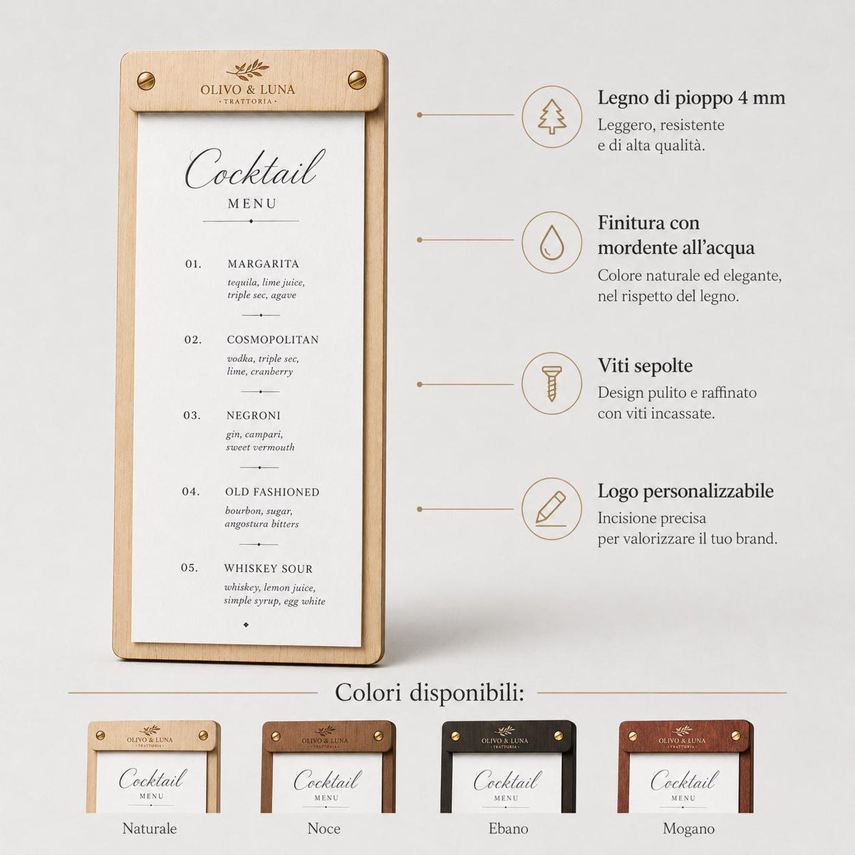 Portamenu tavoletta stretta in legno pioppo bacchetta stretta formato A4 Personalizzato | Menu Ristorante personalizzato| Copertina