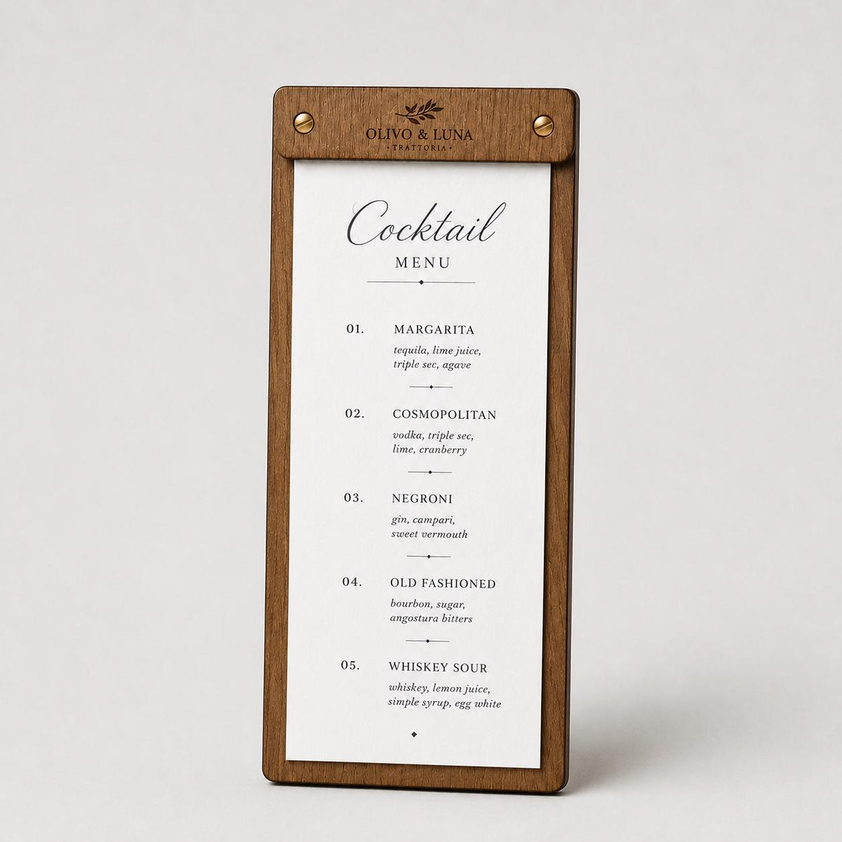 Portamenu tavoletta cocktails ebano in legno bacchetta stretta formato A4 Personalizzato | Menu Ristorante personalizzato| Copertina