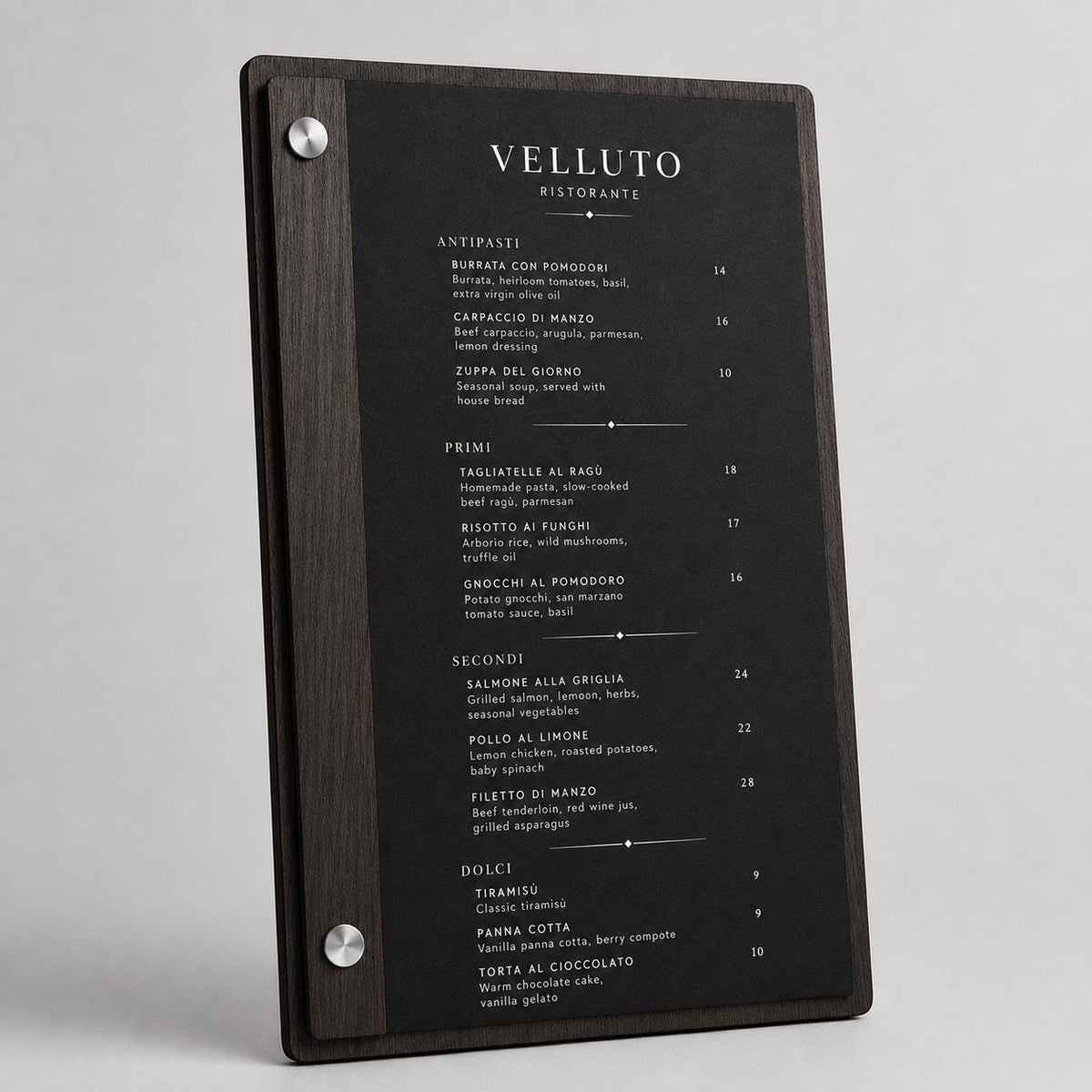 Portamenu orizzontale in legno di pioppo colore ebano con incisione logo ristorante personalizzato, menu inciso laser a bacchetto formato a4