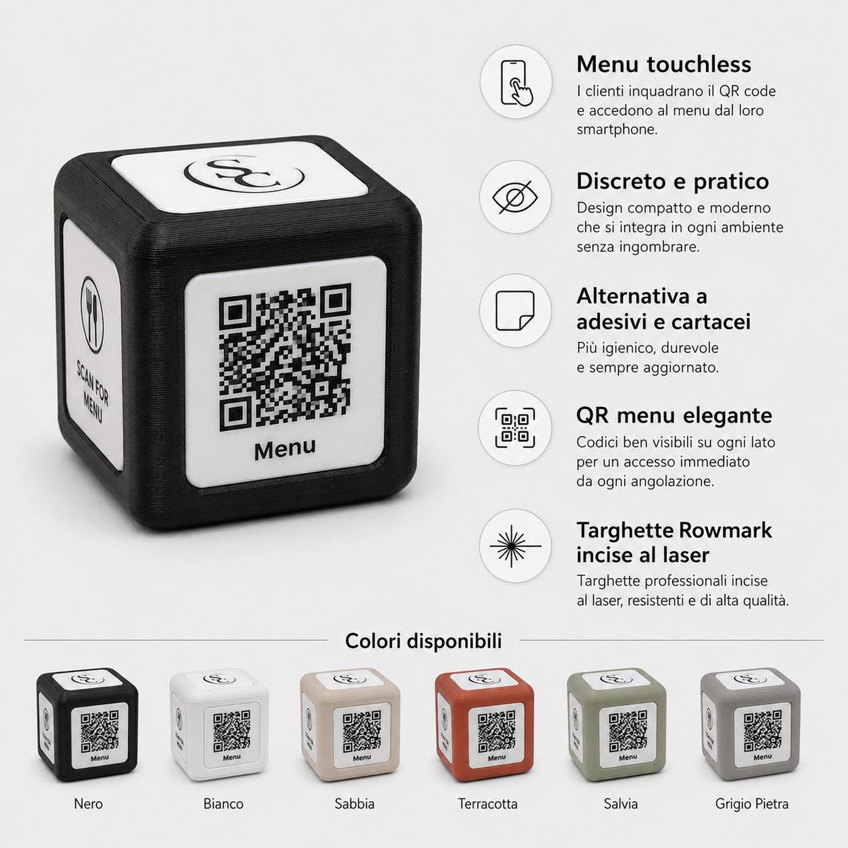 Cubetto nero Espositore QR Code Personalizzato | Menu Digitale, Social Media, Wi-Fi | Stampa 3D e Incisione Laser | Per Ristoranti, Bar