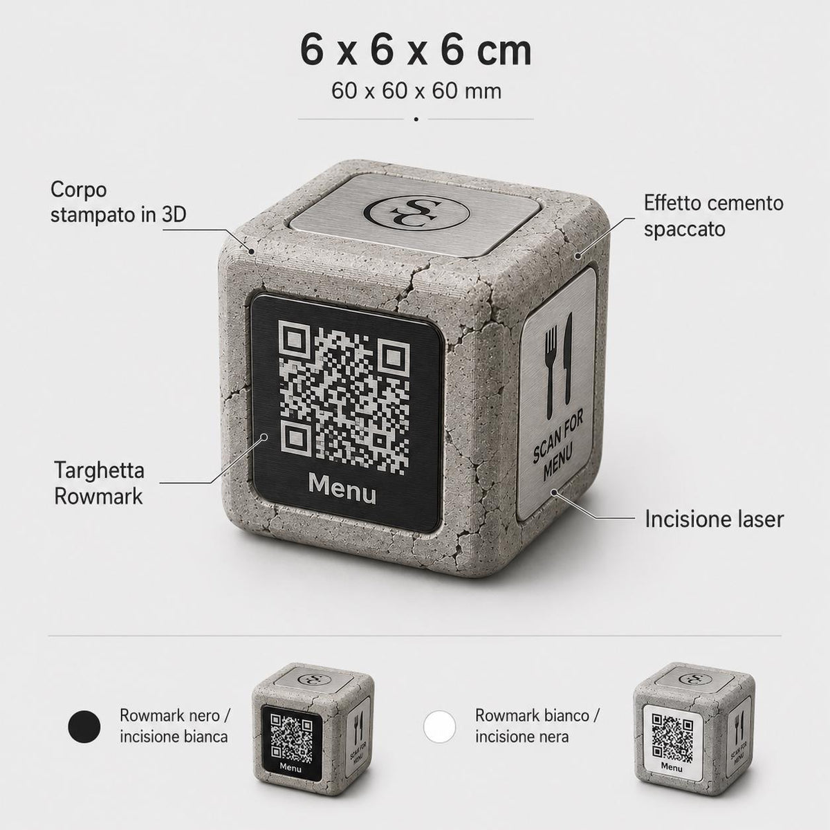 Cubo Espositore QR Code Personalizzato | Effetto cemento Menu Digitale, Social Media, Wi-Fi | Stampa 3D e Incisione Laser |