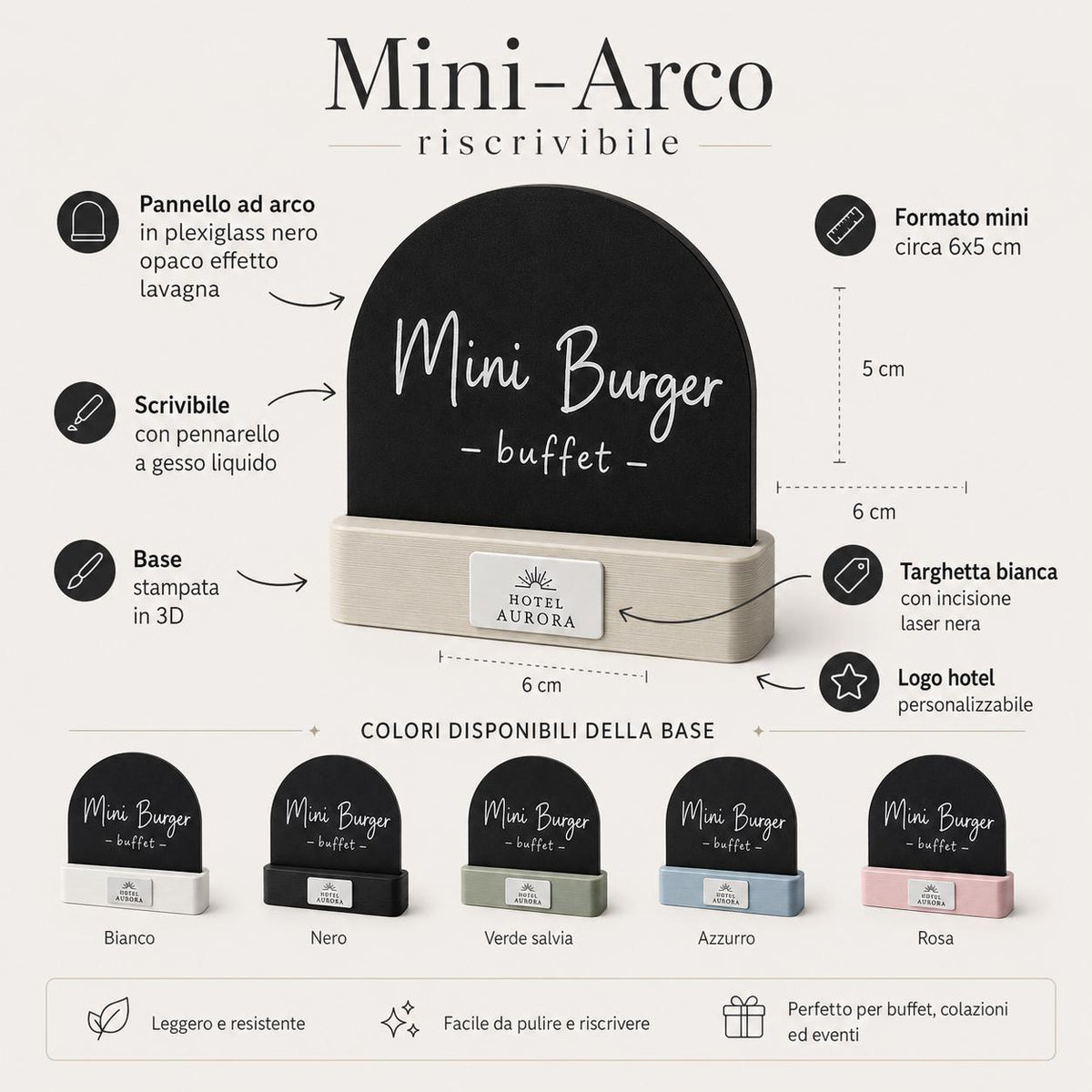 Pack Cartellini Buffet Riscrivibili ad Arco, Segnapiatto Lavagnetta in Plexiglass Nero Opaco e Stampa 3D, Accessori Colazione Hotel con Logo