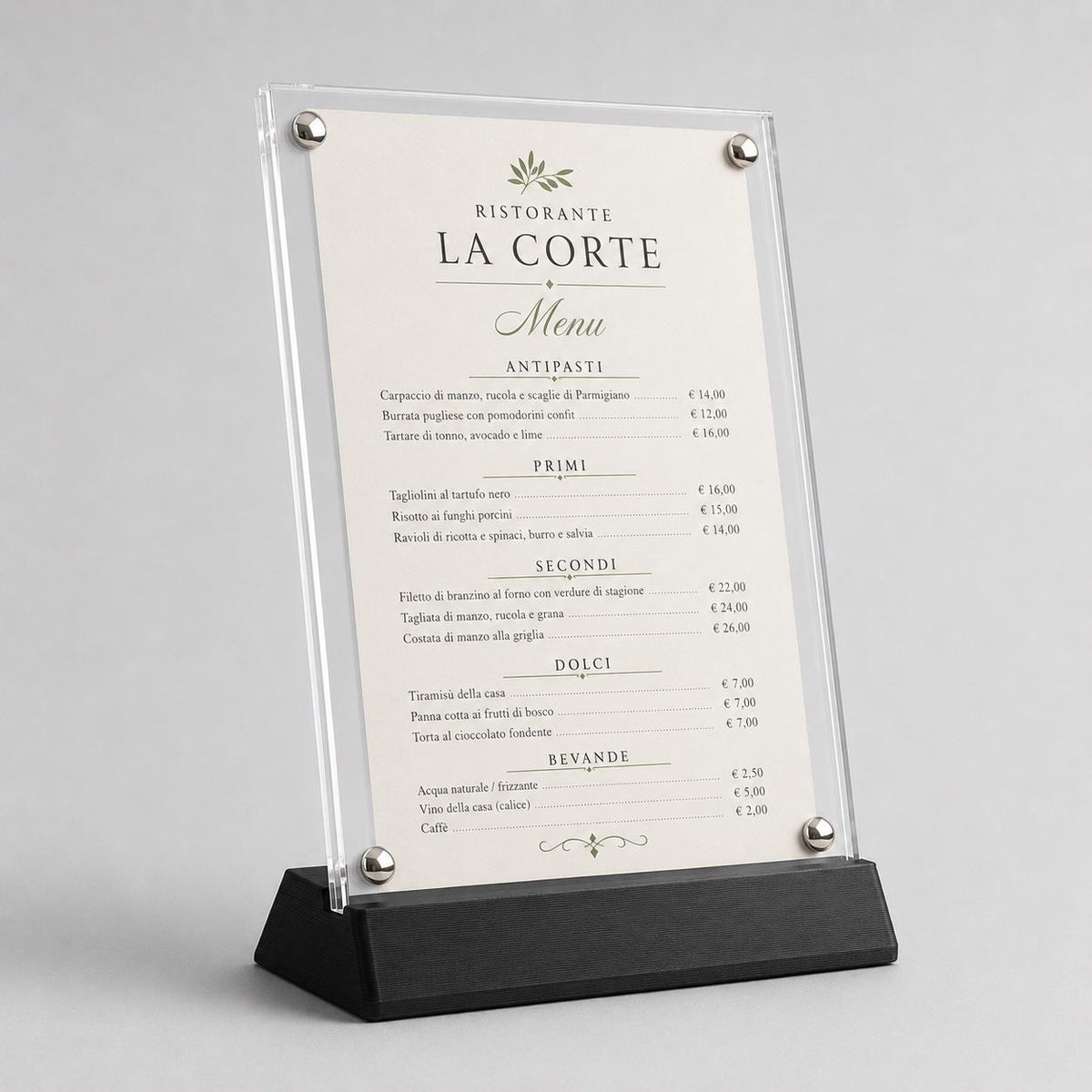Portamenu in plexiglas con base color sabbia intercambiabile. menu holder A5 Elegance – Con Base in Stampa 3D e Acrilico con viti sepolte