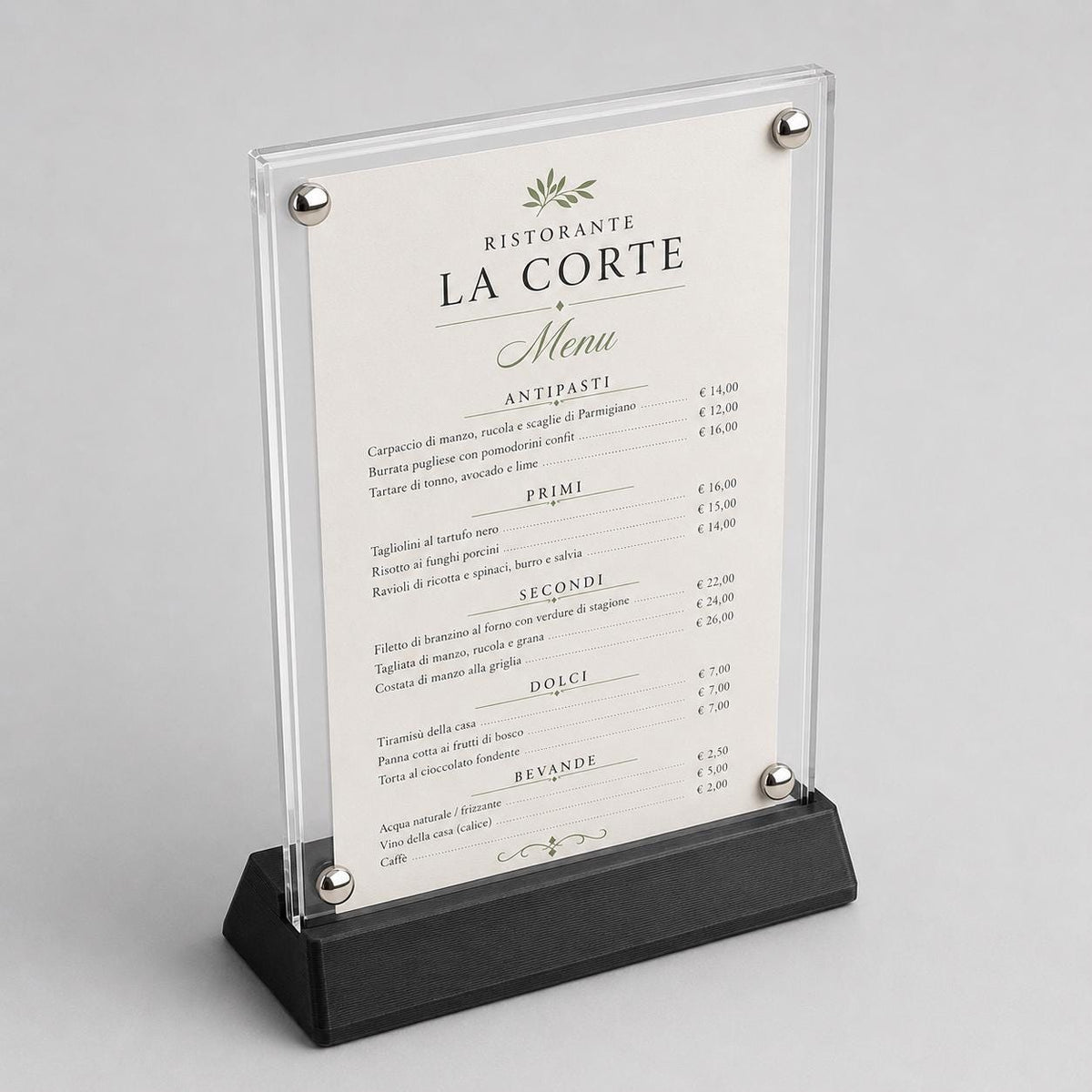 Portamenu in plexiglas con base color sabbia intercambiabile. menu holder A5 Elegance – Con Base in Stampa 3D e Acrilico con viti sepolte