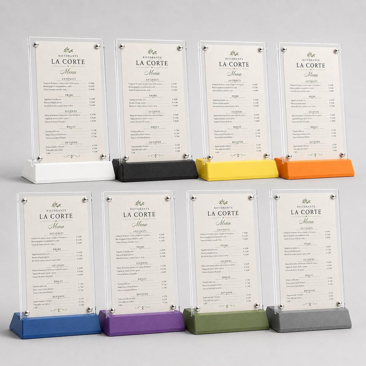 Portamenu in plexiglas con base color sabbia intercambiabile. menu holder A5 Elegance – Con Base in Stampa 3D e Acrilico con viti sepolte
