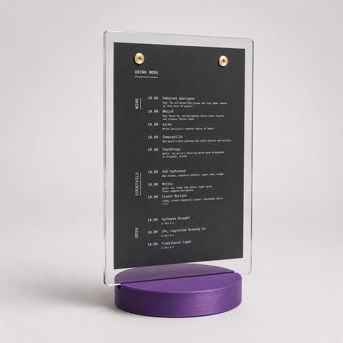 Porta Menu da Tavolo A5 – Base Stampata in 3D e Plexiglas Dai un tocco di design contemporaneo e originalità ai tavoli del tuo locale