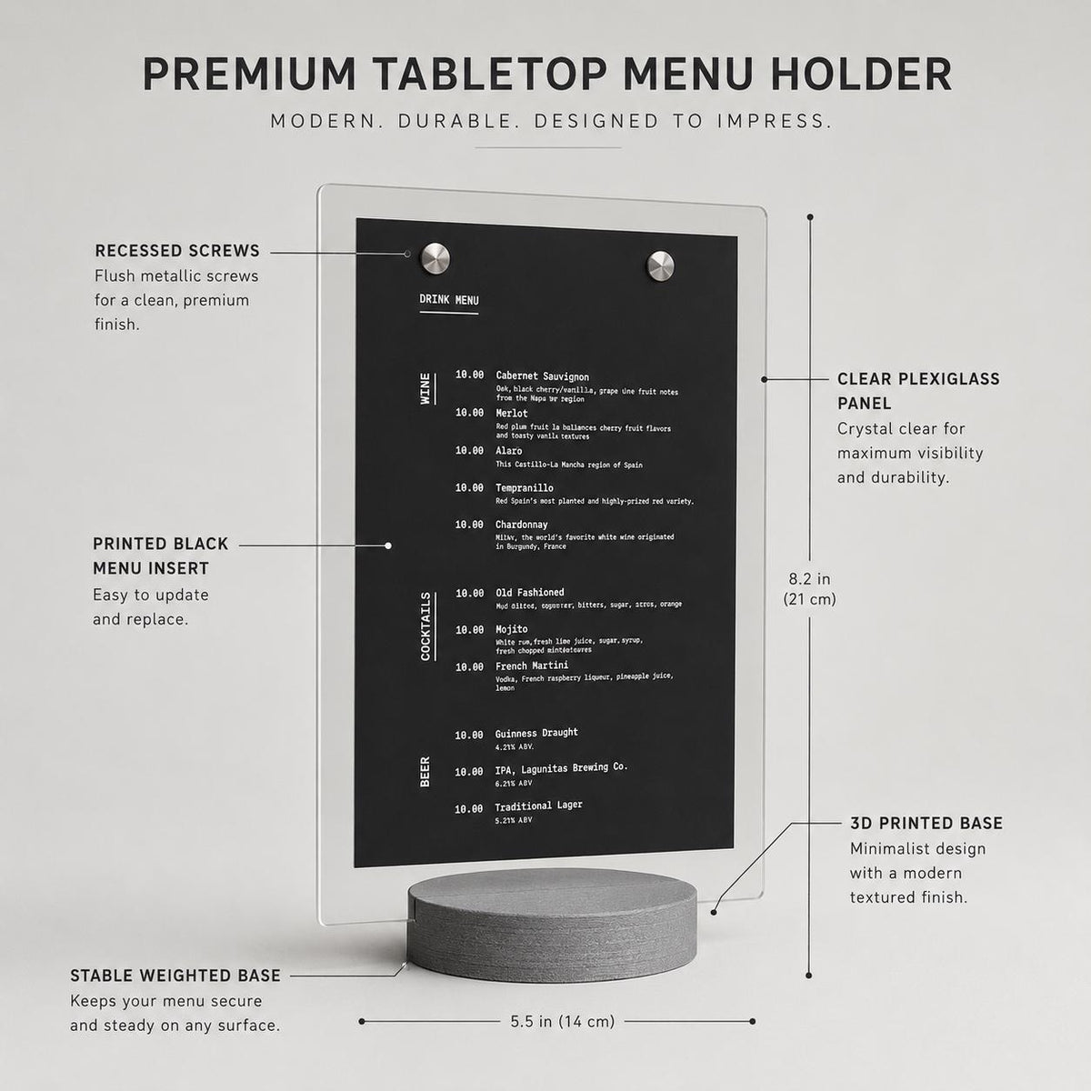 Porta Menu da Tavolo A5 – Base Stampata in 3D e Plexiglas Dai un tocco di design contemporaneo e originalità ai tavoli del tuo locale