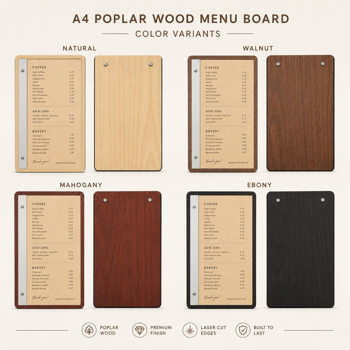 Portamenu tavoletta pioppo color noce in legno bacchetta verticale plexiglas specchiato formato A4 Personalizzato | Menu Ristorante