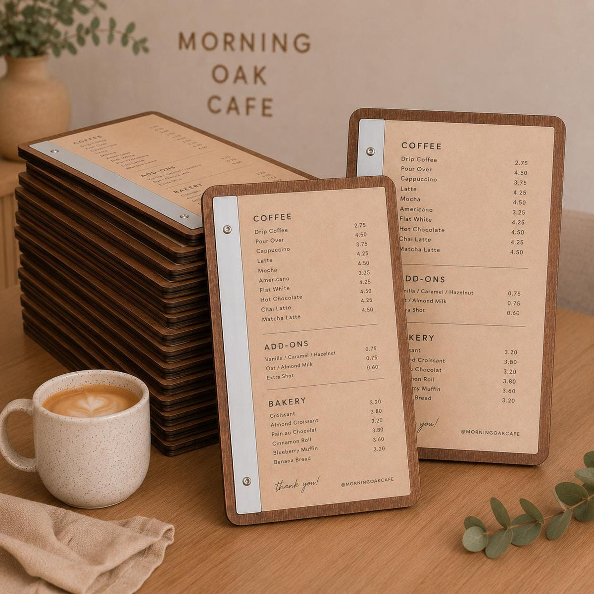 Portamenu tavoletta pioppo color noce in legno bacchetta verticale plexiglas specchiato formato A4 Personalizzato | Menu Ristorante