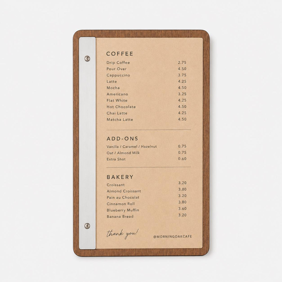 Portamenu tavoletta pioppo color noce in legno bacchetta verticale plexiglas specchiato formato A4 Personalizzato | Menu Ristorante
