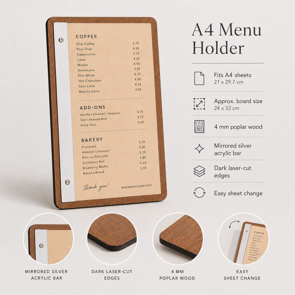 Portamenu tavoletta pioppo color noce in legno bacchetta verticale plexiglas specchiato formato A4 Personalizzato | Menu Ristorante