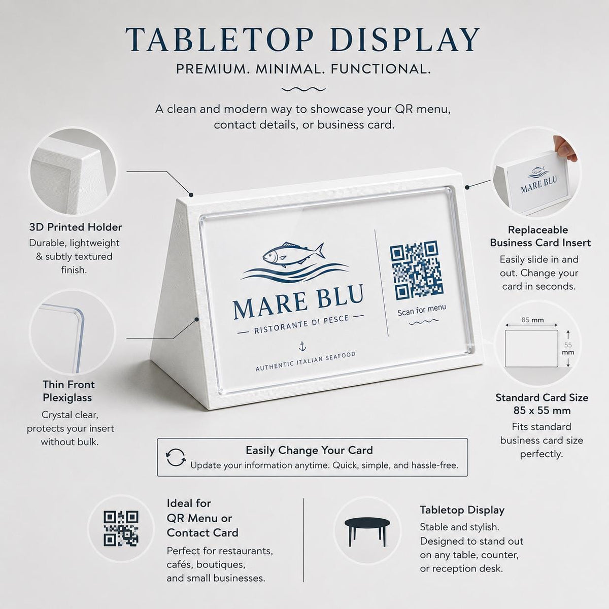 Porta QR Code da Tavolo nero qr code intercambiabile per Ristoranti | Supporto Biglietto da Visita Personalizzabile | Espositore Menu QR