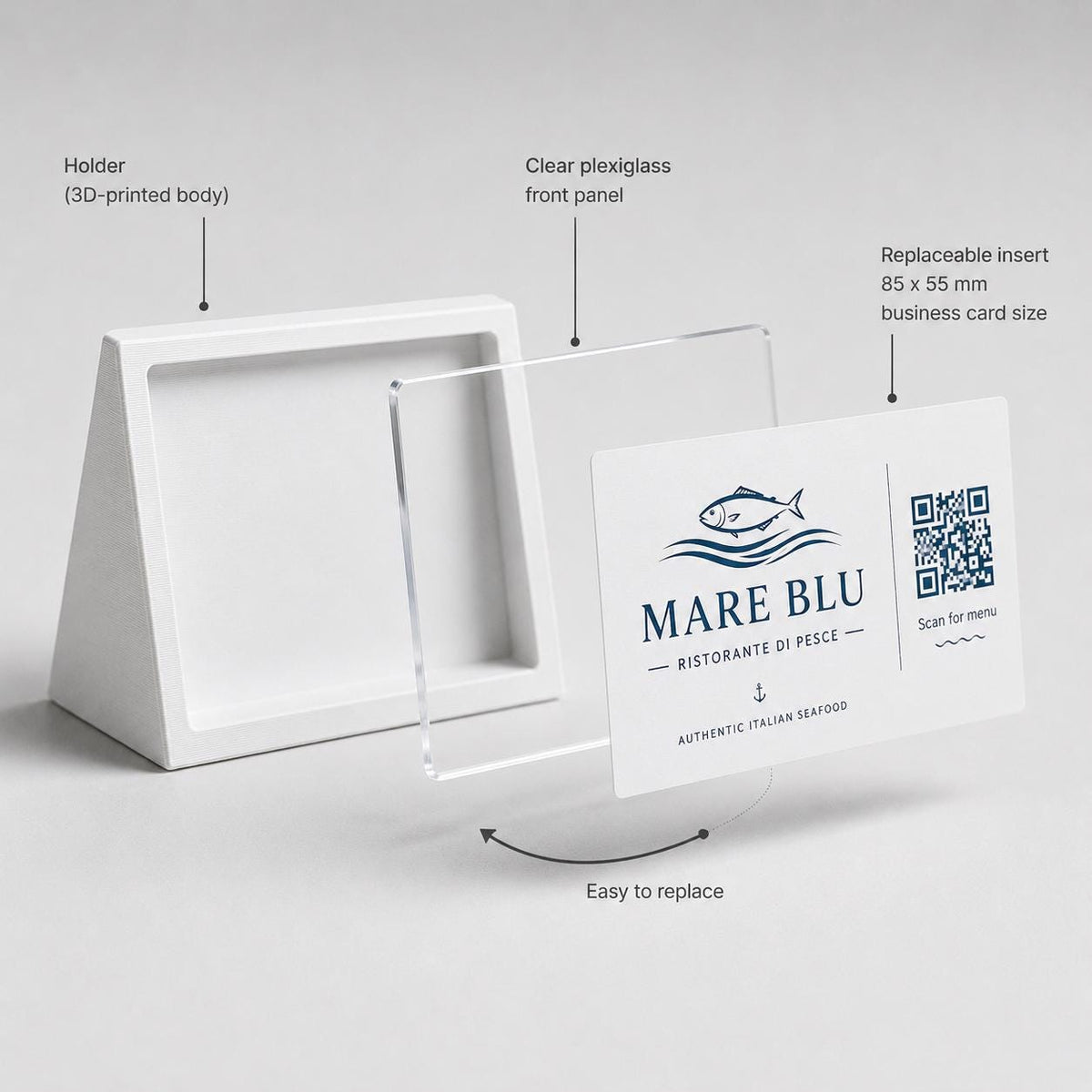 Porta QR Code da Tavolo per Ristoranti | Supporto Biglietto da Visita Personalizzabile | Espositore Menu QR in Stampa 3D con Plexiglass