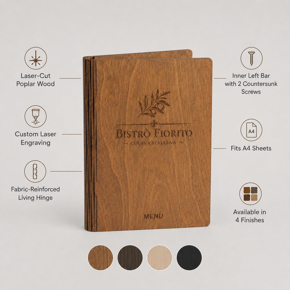 Portamenu pieghevole pioppo color ebano in legno bacchetta plexiglas specchiato A4 A5 Personalizzato | Menu Ristorante|Copertina incisa