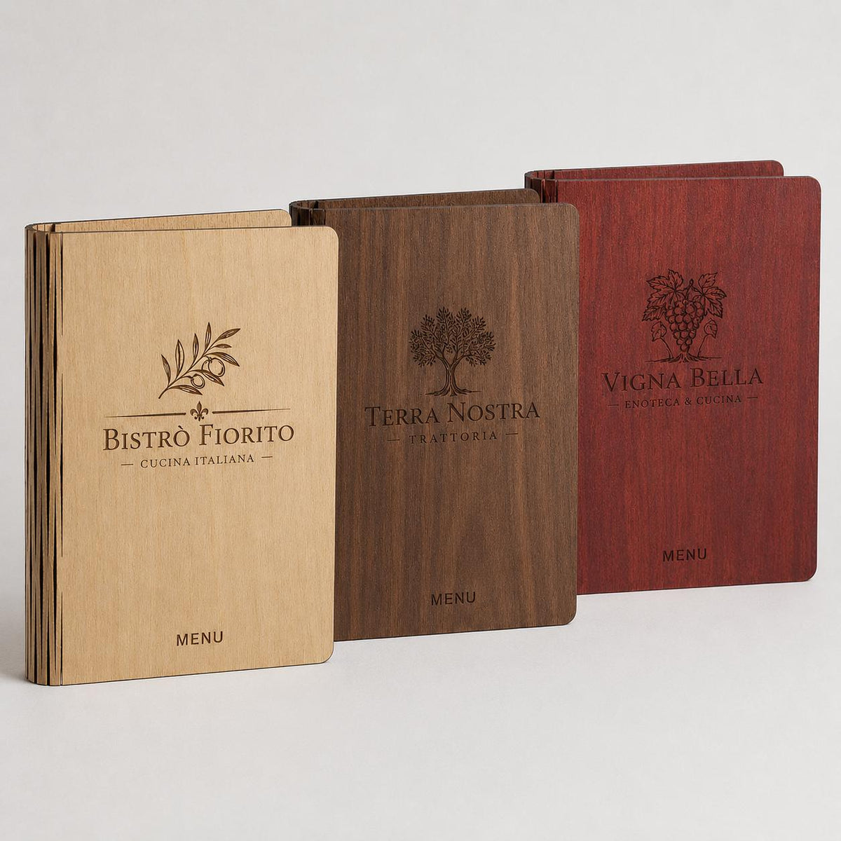 Portamenu pieghevole pioppo color noce in legno bacchetta plexiglas specchiato A4 A5 Personalizzato | Menu Ristorante|Copertina incisa