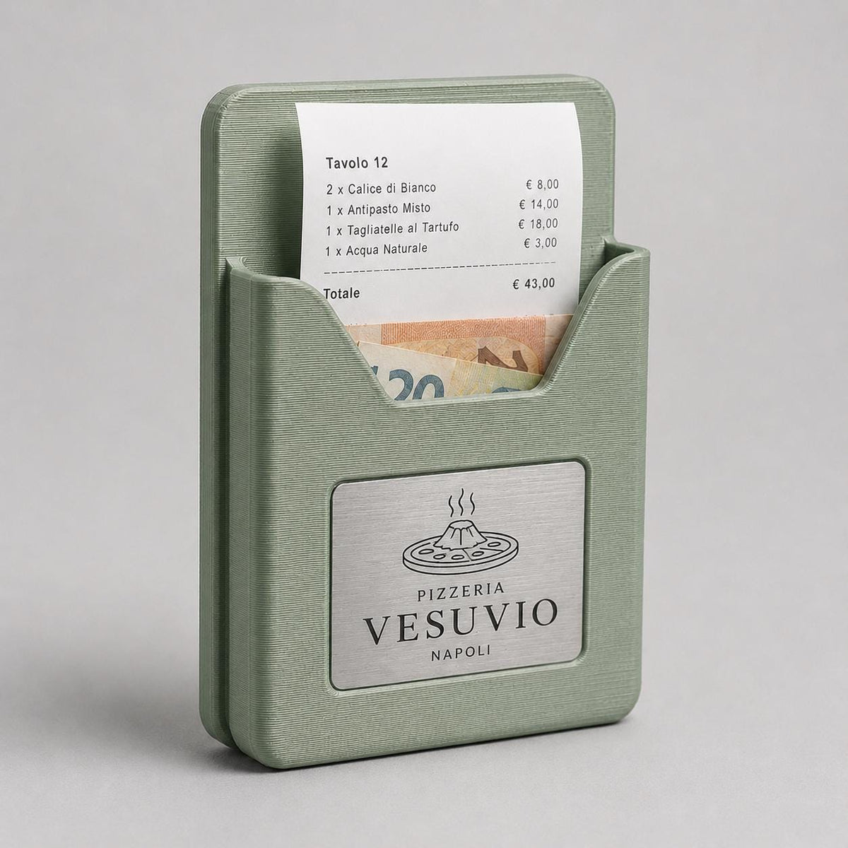 Portaconto Pocket Ristorante verde 3D con Targhetta Effetto Acciaio verde | Porta Conto Moderno per Ristoranti | Check Presenter