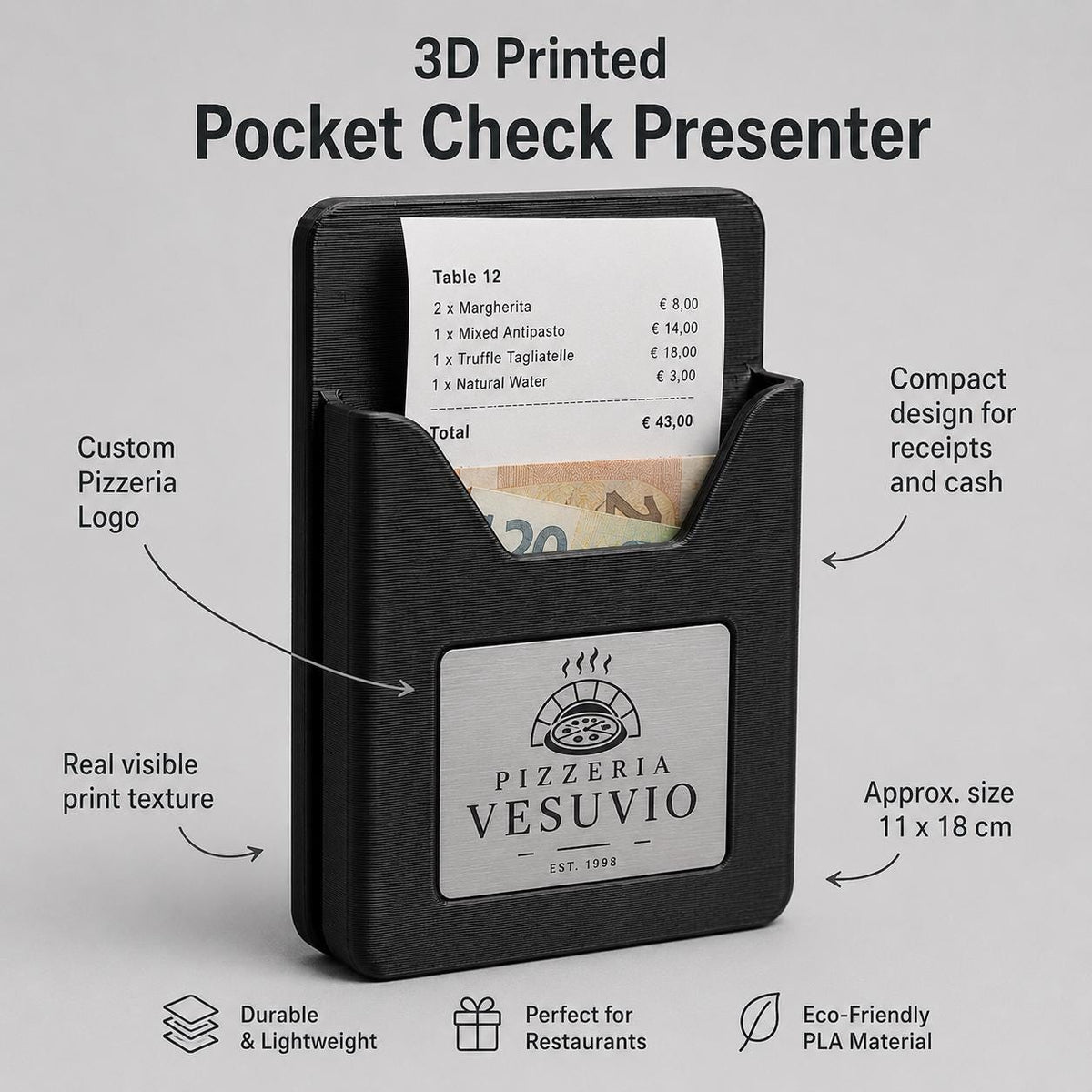 Portaconto Pocket Ristorante in Stampa 3D con Targhetta Effetto Acciaio verde | Porta Conto Moderno per Ristoranti | Check Presenter