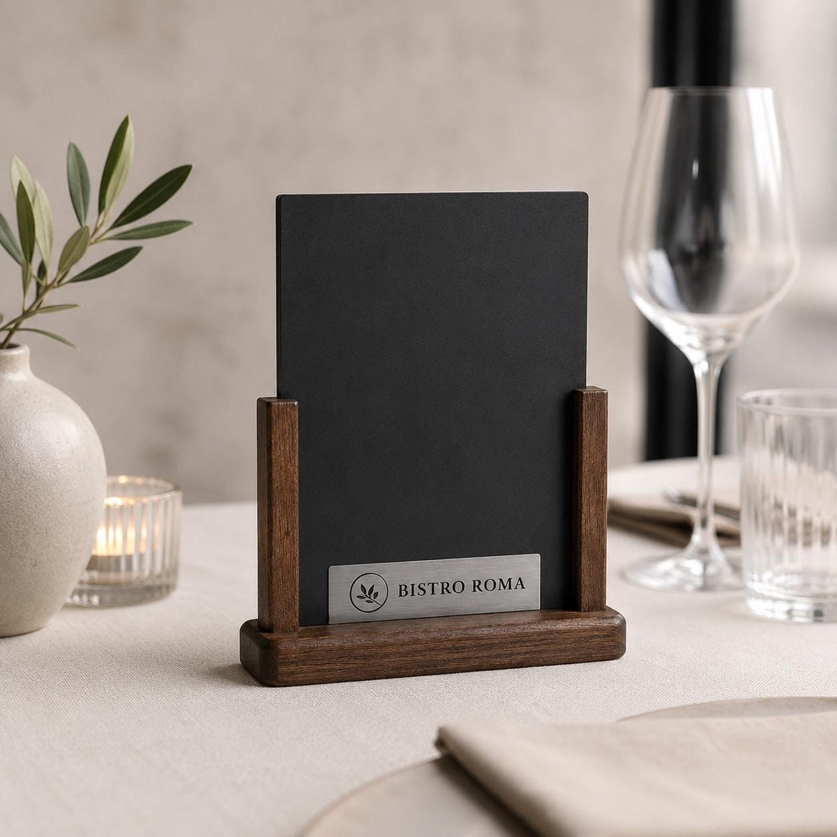 Porta Menu da Tavolo Personalizzato, Espositore 3D Legno Lavagnetta per Ristorante e Bar, Segnatavolo con Incisione Logo Supporto rustico A4