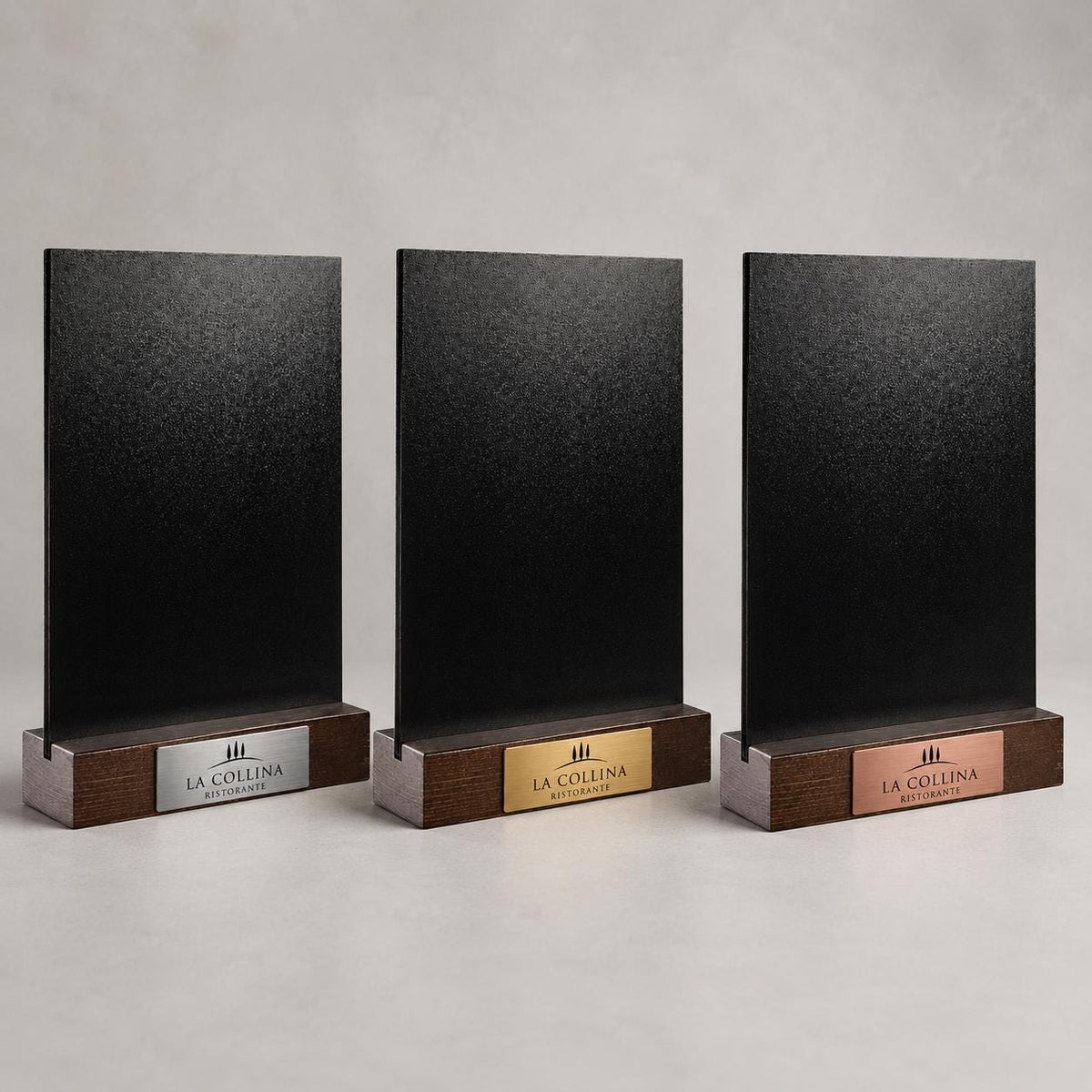 Set 10 pezzi Lavagna da banco con etichetta oro formato a4 a5 a6 Personalizzata, Espositore 3D Legno Scuro Segnatavolo Logo Ristorante Bar