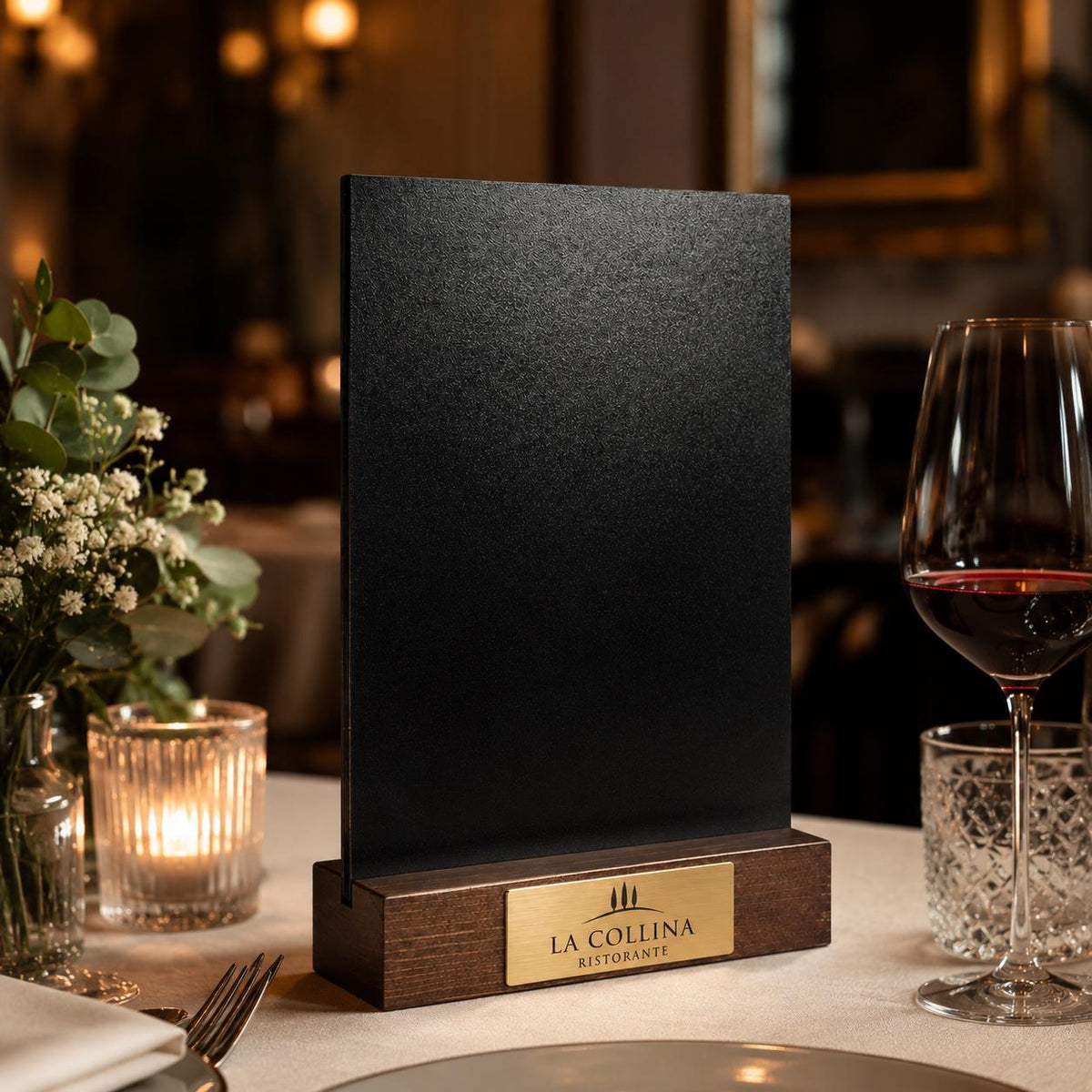 Set 10 pezzi Lavagna da banco con etichetta oro formato a4 a5 a6 Personalizzata, Espositore 3D Legno Scuro Segnatavolo Logo Ristorante Bar