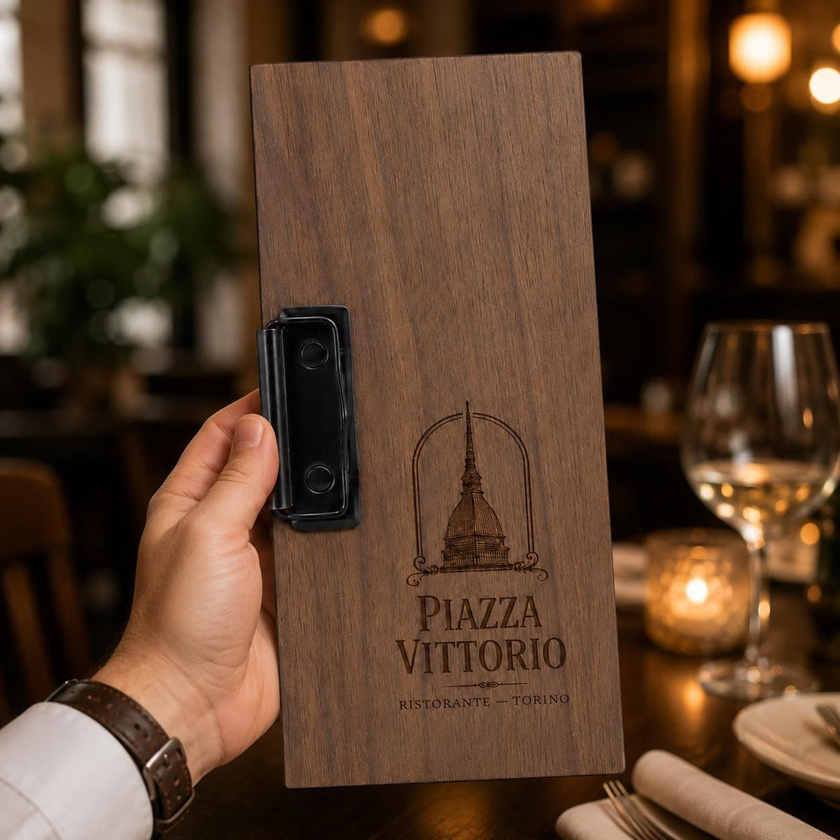 Portaconto personalizzato con incisione laser - Per Caffè, Ristoranti, Bar - 24x10 cm - Legno Di Noce Laccato - Clip Per Mantenere i fogli