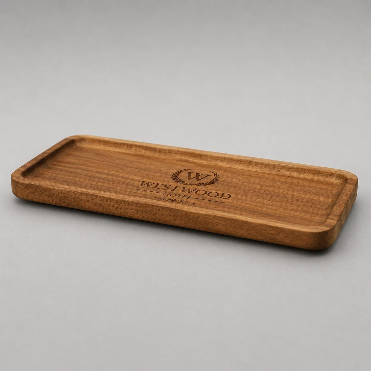 vassoio in legno rettangolare di acacia, versatile per accessori e ufficio, organizer di stile con venatura decorativo in legno, 28x10x1,5cm
