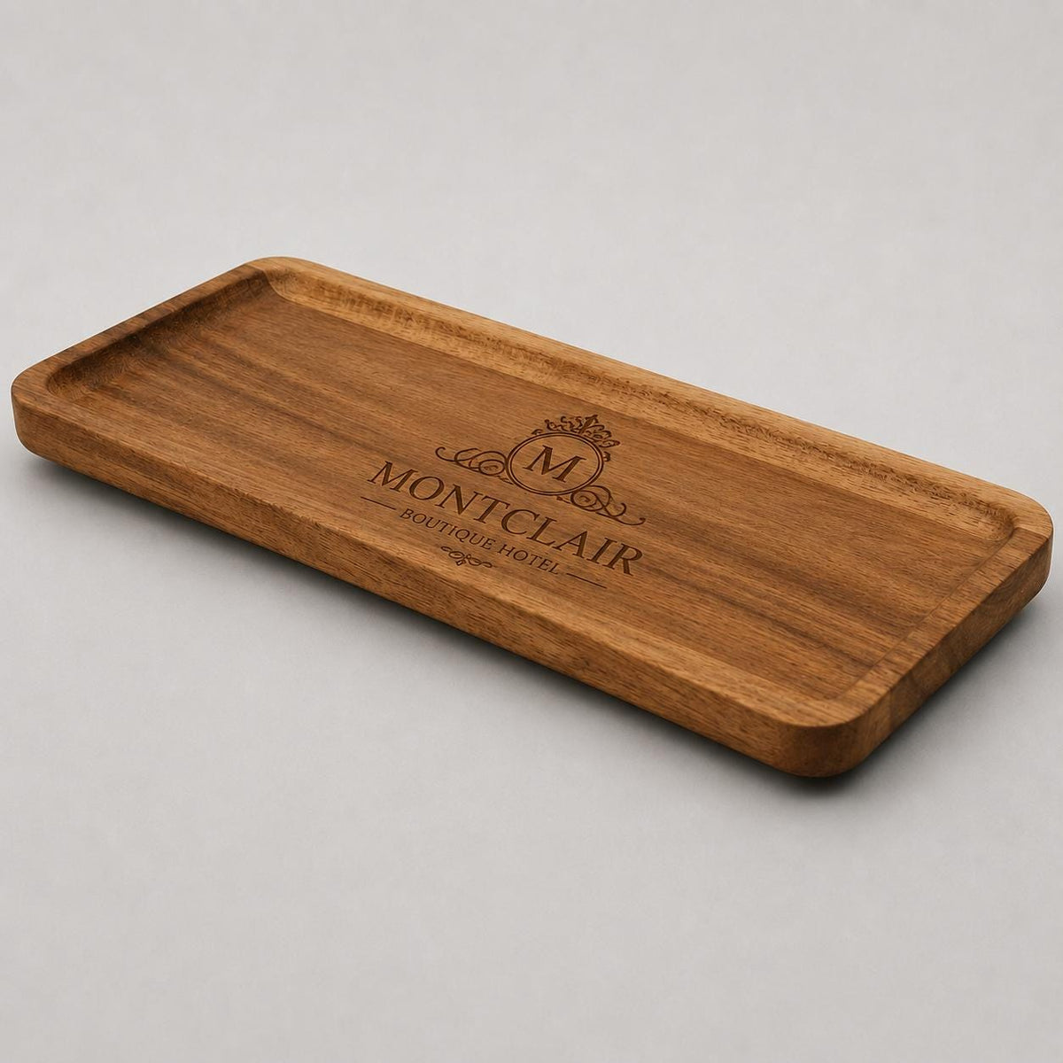 vassoio in legno rettangolare di acacia, versatile per accessori e ufficio, organizer di stile con venatura decorativo in legno, 28x10x1,5cm