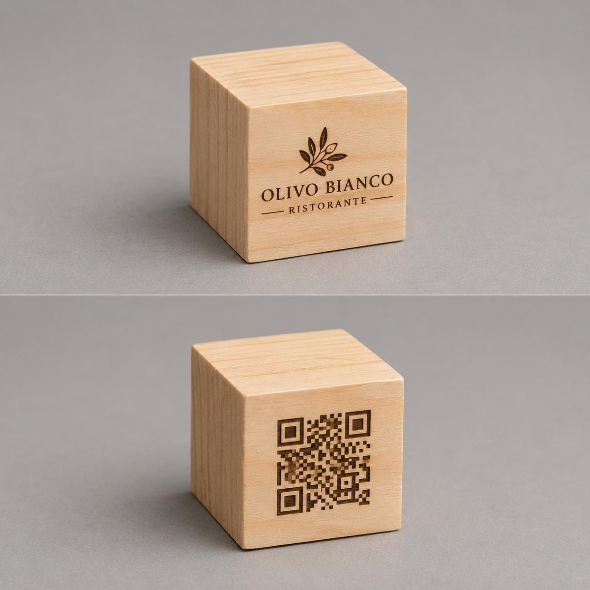 Cubo in legno personalizzato con logo inciso e QR code – Segnatavolo per ristoranti, hotel e locali