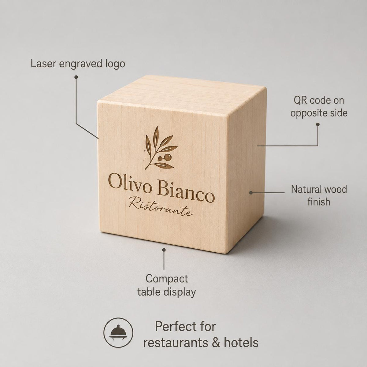 Cubo in legno personalizzato con logo inciso e QR code – Segnatavolo per ristoranti, hotel e locali