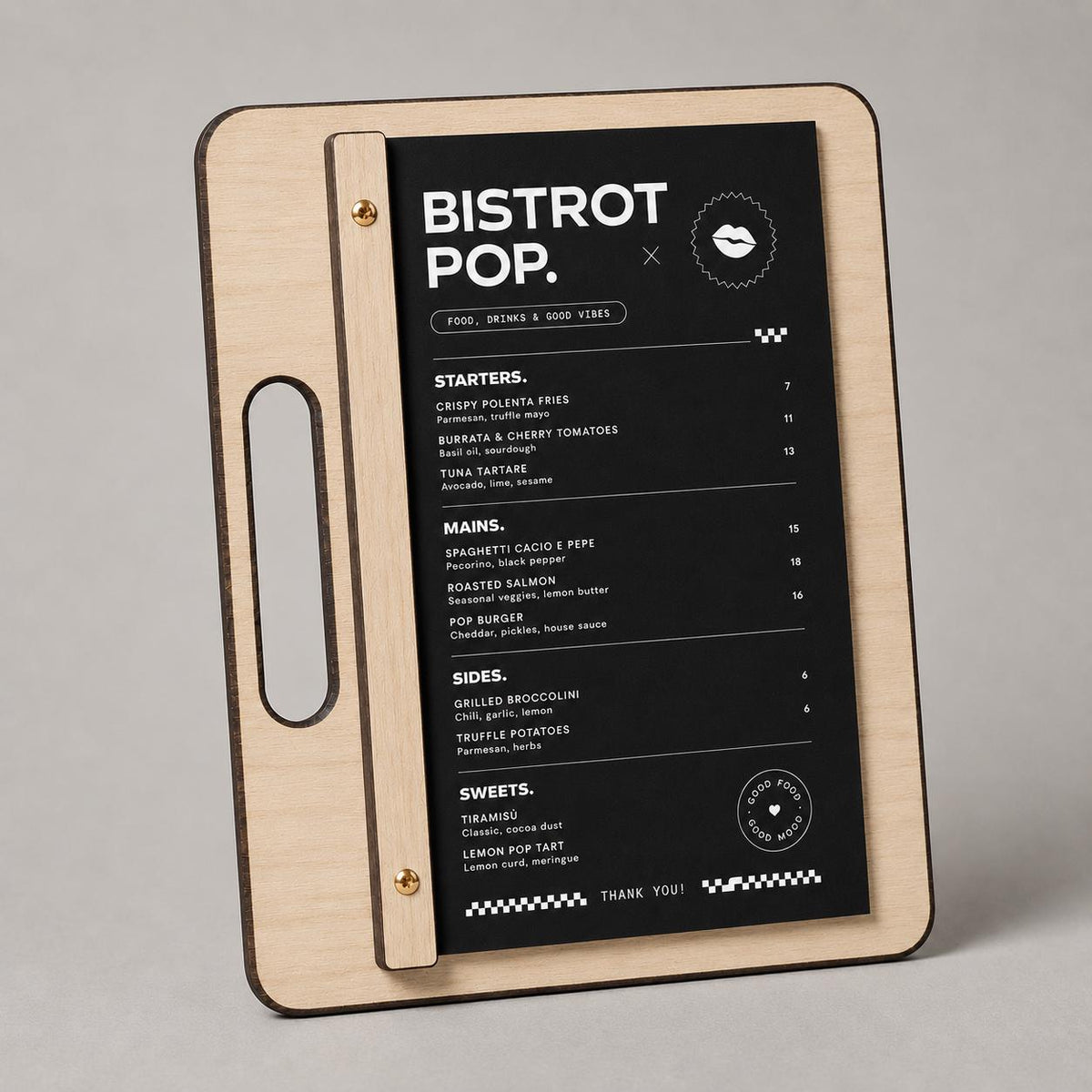 Portamenu in Legno di pioppo Personalizzato, Tavoletta con Maniglia per Ristorante e Bar, Clipboard con Listello e Viti, Accessori Tavola