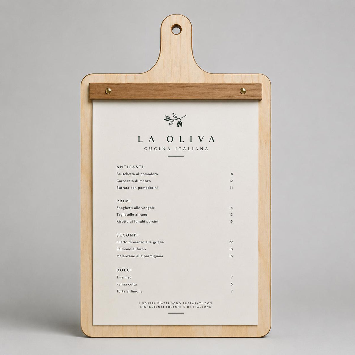 Portamenu in Legno a Forma di Tagliere Formato A4, Tavoletta per Ristorante Pizzeria e Trattoria, Clipboard Personalizzata Incisione Logo