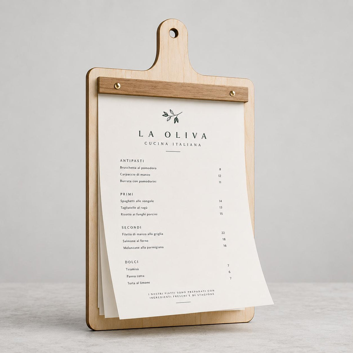 Portamenu in Legno a Forma di Tagliere Formato A4, Tavoletta per Ristorante Pizzeria e Trattoria, Clipboard Personalizzata Incisione Logo