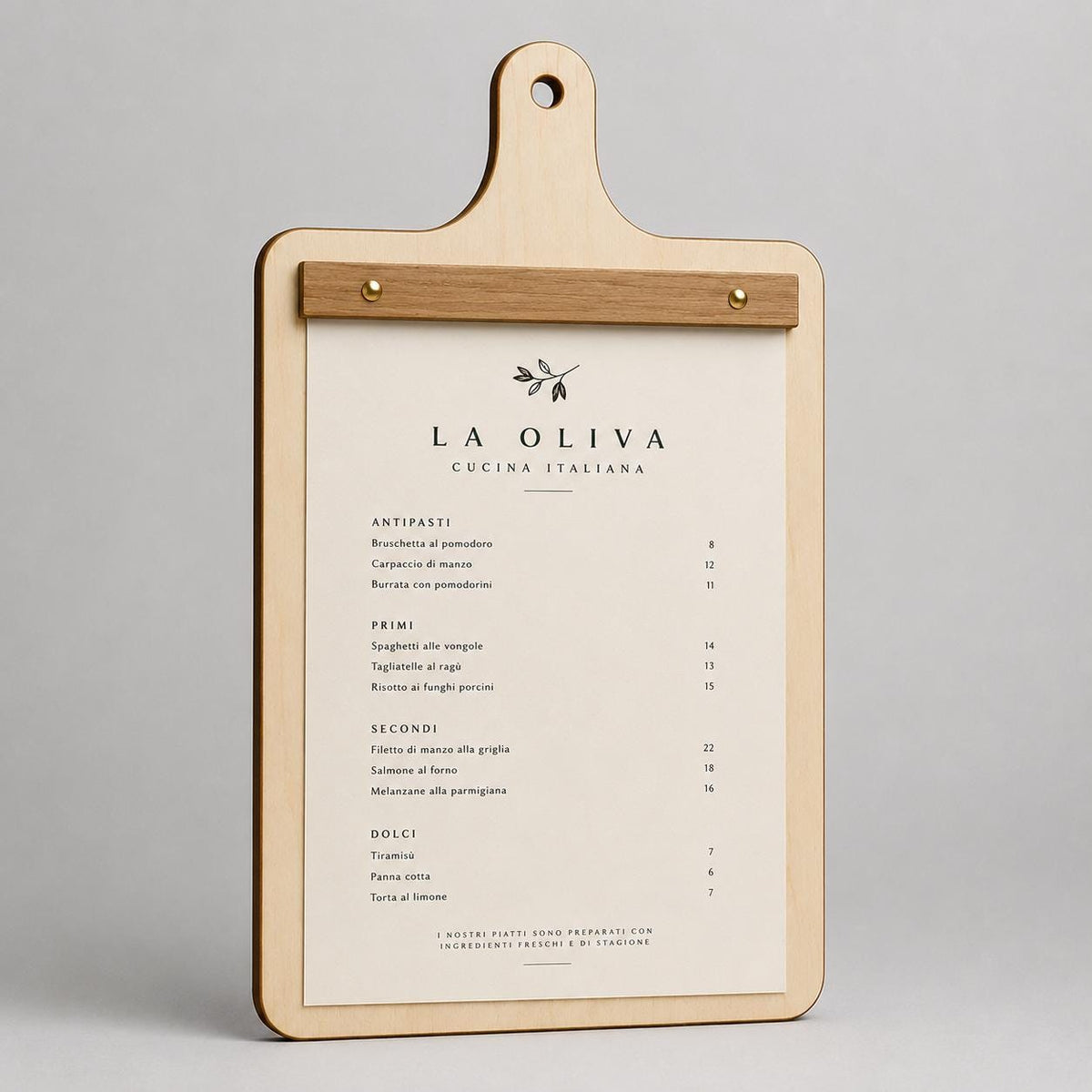 Portamenu in Legno a Forma di Tagliere Formato A4, Tavoletta per Ristorante Pizzeria e Trattoria, Clipboard Personalizzata Incisione Logo