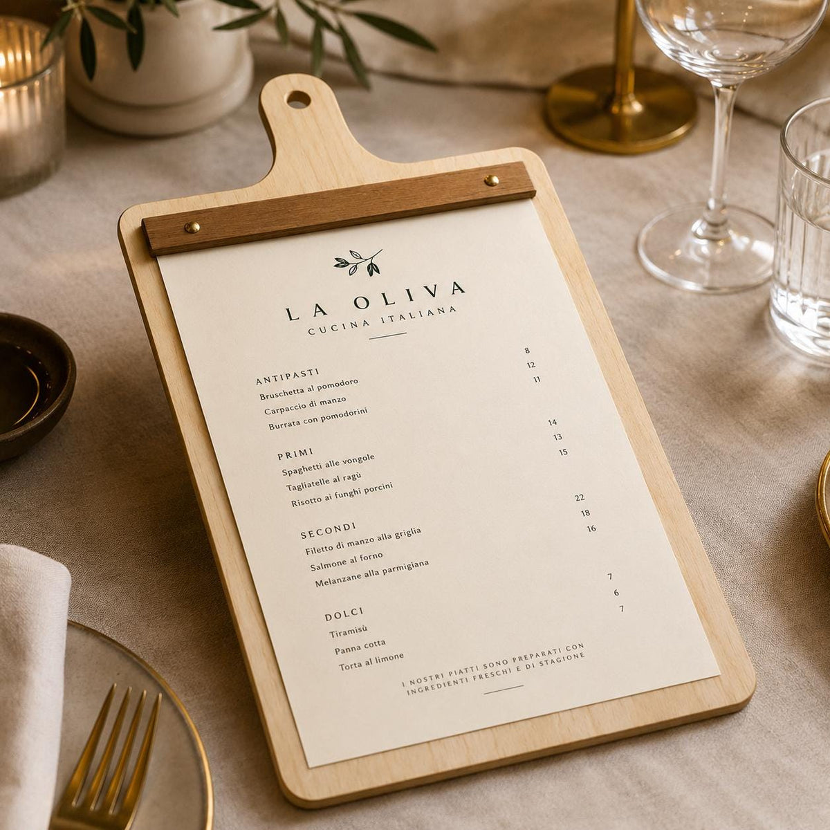 Portamenu in Legno a Forma di Tagliere Formato A4, Tavoletta per Ristorante Pizzeria e Trattoria, Clipboard Personalizzata Incisione Logo