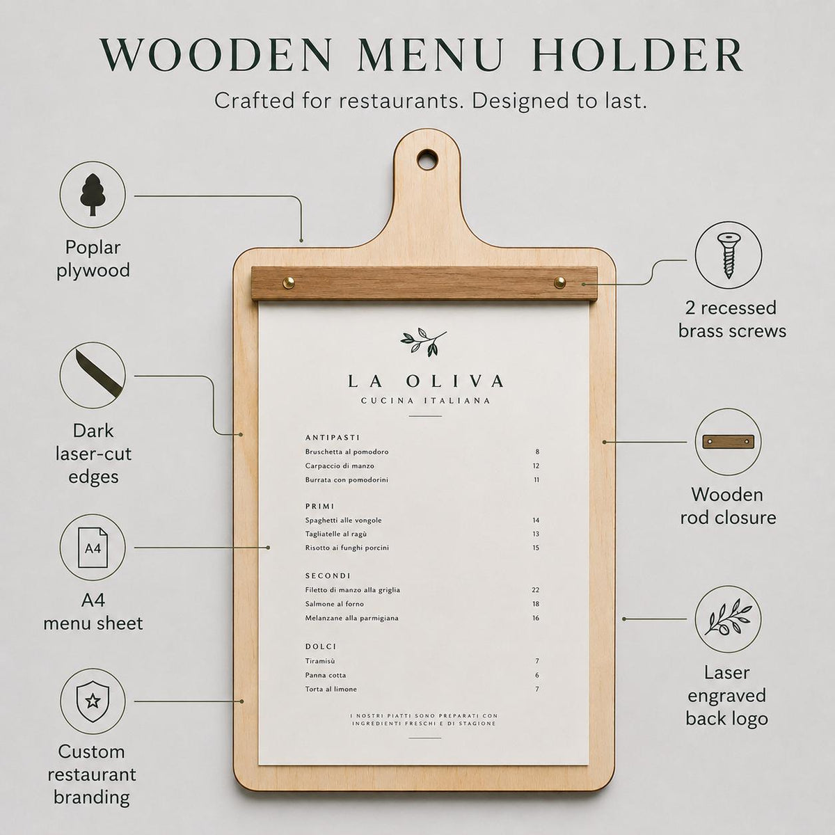 Portamenu in Legno a Forma di Tagliere Formato A4, Tavoletta per Ristorante Pizzeria e Trattoria, Clipboard Personalizzata Incisione Logo