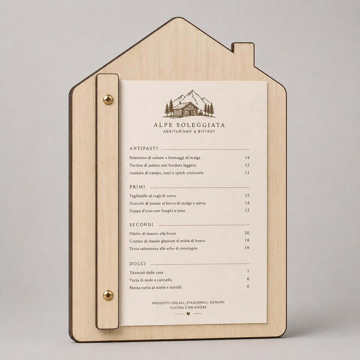 Portamenu in Legno a Forma di casa Formato A4, Tavoletta per Ristorante Pizzeria e Trattoria, Clipboard Personalizzata Incisione Logo