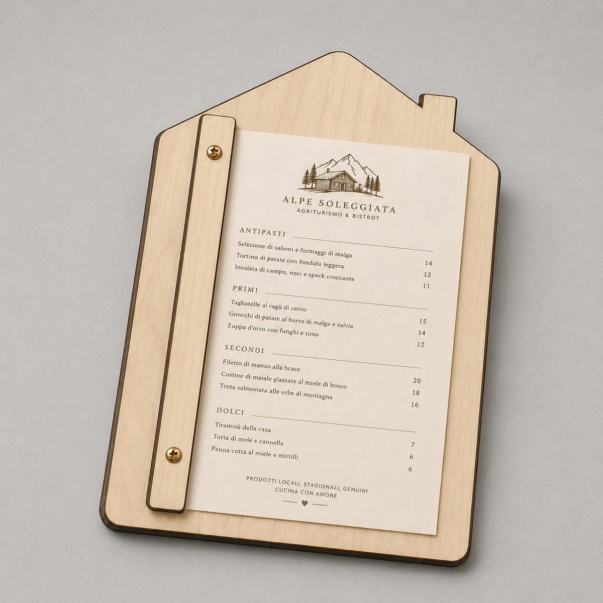 Portamenu in Legno a Forma di casa ebano Formato A4, Tavoletta per Ristorante Pizzeria e Trattoria, Clipboard Personalizzata Incisione Logo