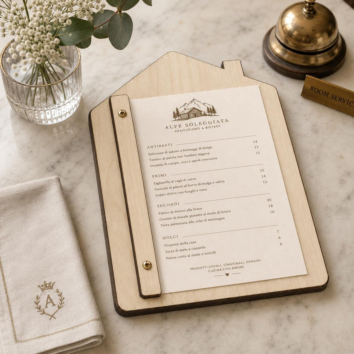 Portamenu in Legno a Forma di casa Formato A4, Tavoletta per Ristorante Pizzeria e Trattoria, Clipboard Personalizzata Incisione Logo