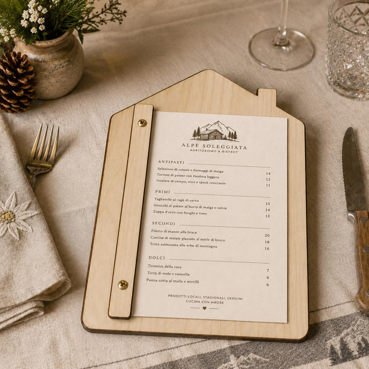 Portamenu in Legno a Forma di casa noce Formato A4, Tavoletta per Ristorante Pizzeria e Trattoria, Clipboard Personalizzata Incisione Logo