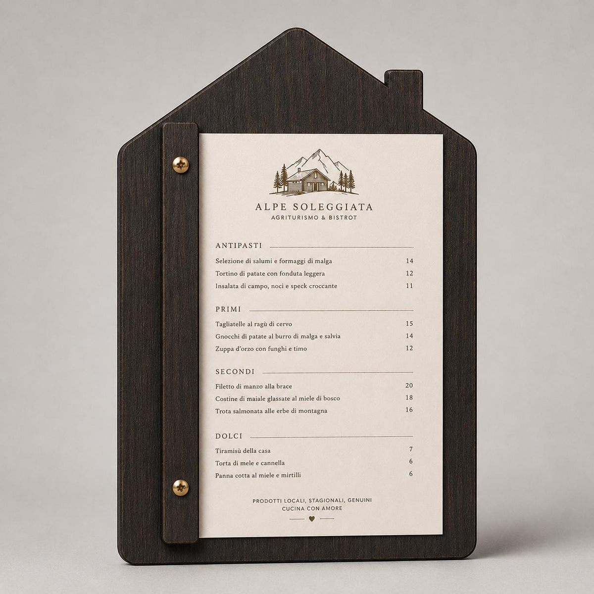 Portamenu in Legno a Forma di casa ebano Formato A4, Tavoletta per Ristorante Pizzeria e Trattoria, Clipboard Personalizzata Incisione Logo