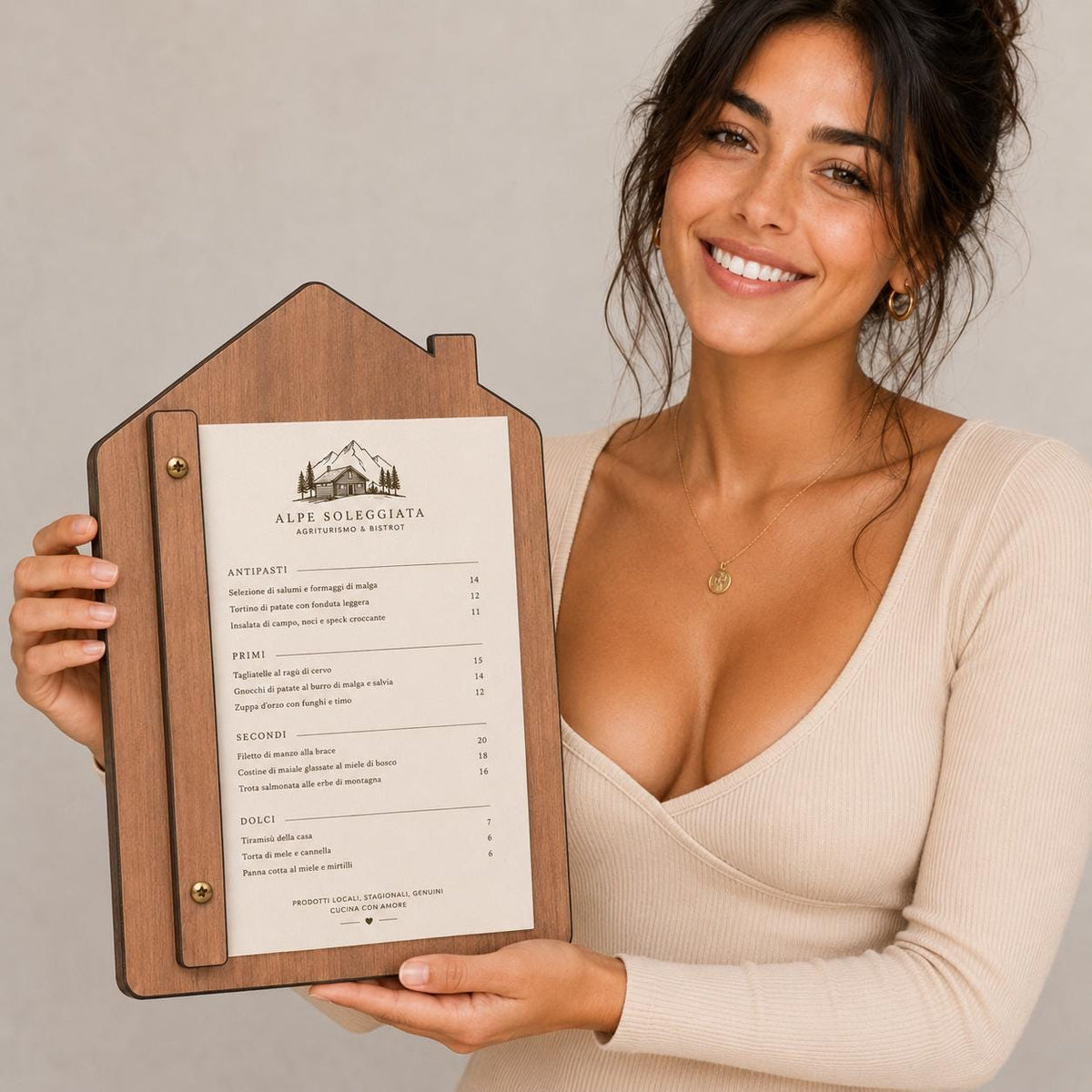 Portamenu in Legno a Forma di casa ebano Formato A4, Tavoletta per Ristorante Pizzeria e Trattoria, Clipboard Personalizzata Incisione Logo