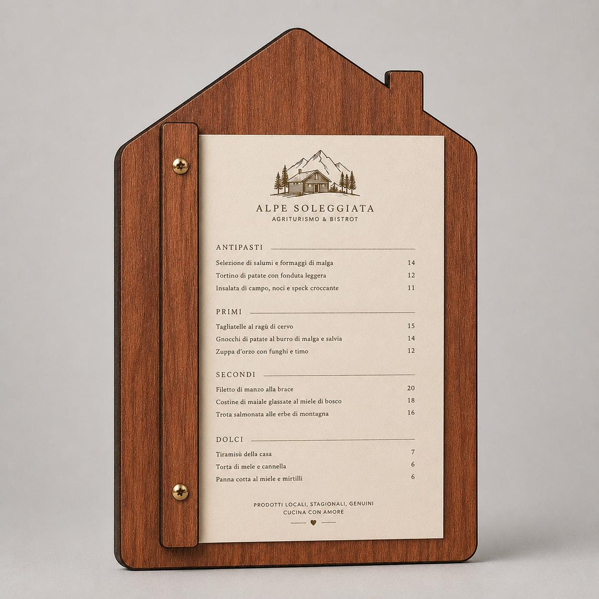 Portamenu in Legno a Forma di casa noce Formato A4, Tavoletta per Ristorante Pizzeria e Trattoria, Clipboard Personalizzata Incisione Logo