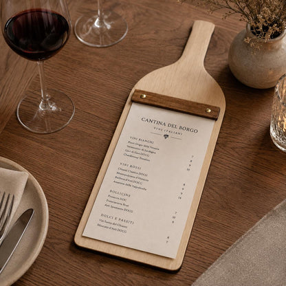 Portamenu in Legno a Forma di bottiglia Formato A4, Tavoletta per Ristorante Pizzeria e Trattoria, Clipboard Personalizzata Incisione Logo