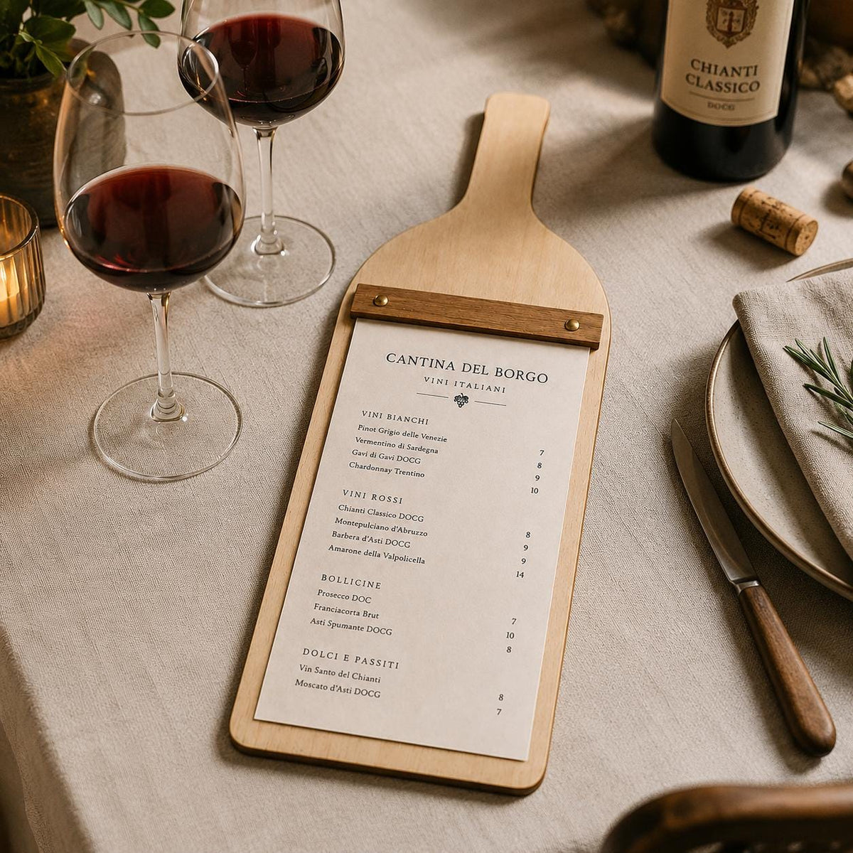 Portamenu in Legno a Forma di bottiglia Formato A4, Tavoletta per Ristorante Pizzeria e Trattoria, Clipboard Personalizzata Incisione Logo