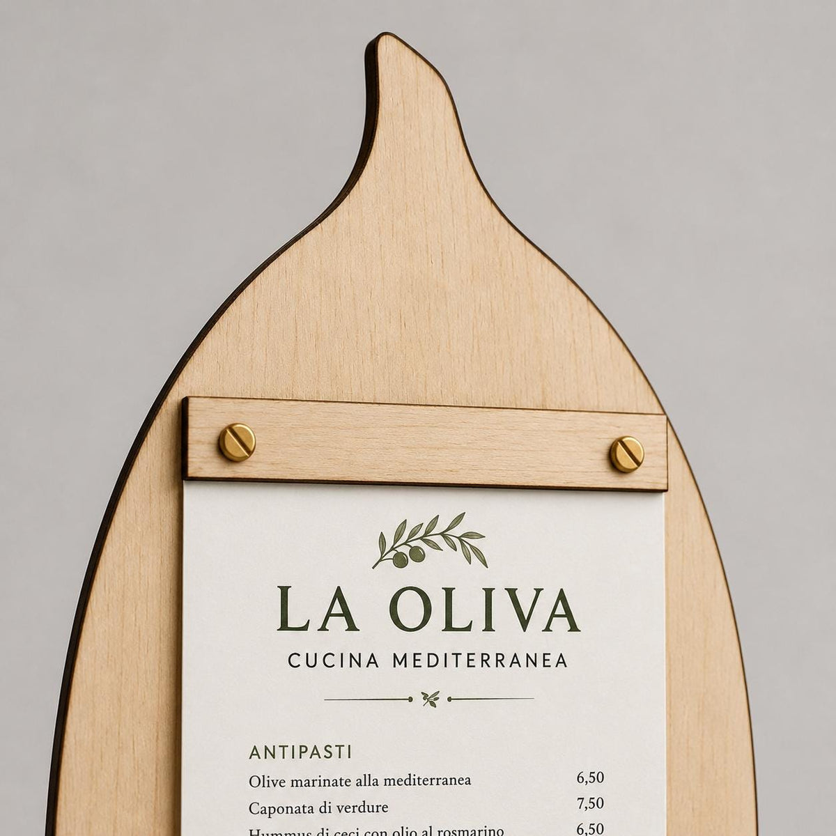 Portamenu in Legno a Forma di foglia di oliva , Tavoletta per Ristorante mediterraneo, Clipboard Personalizzata Incisione Logo