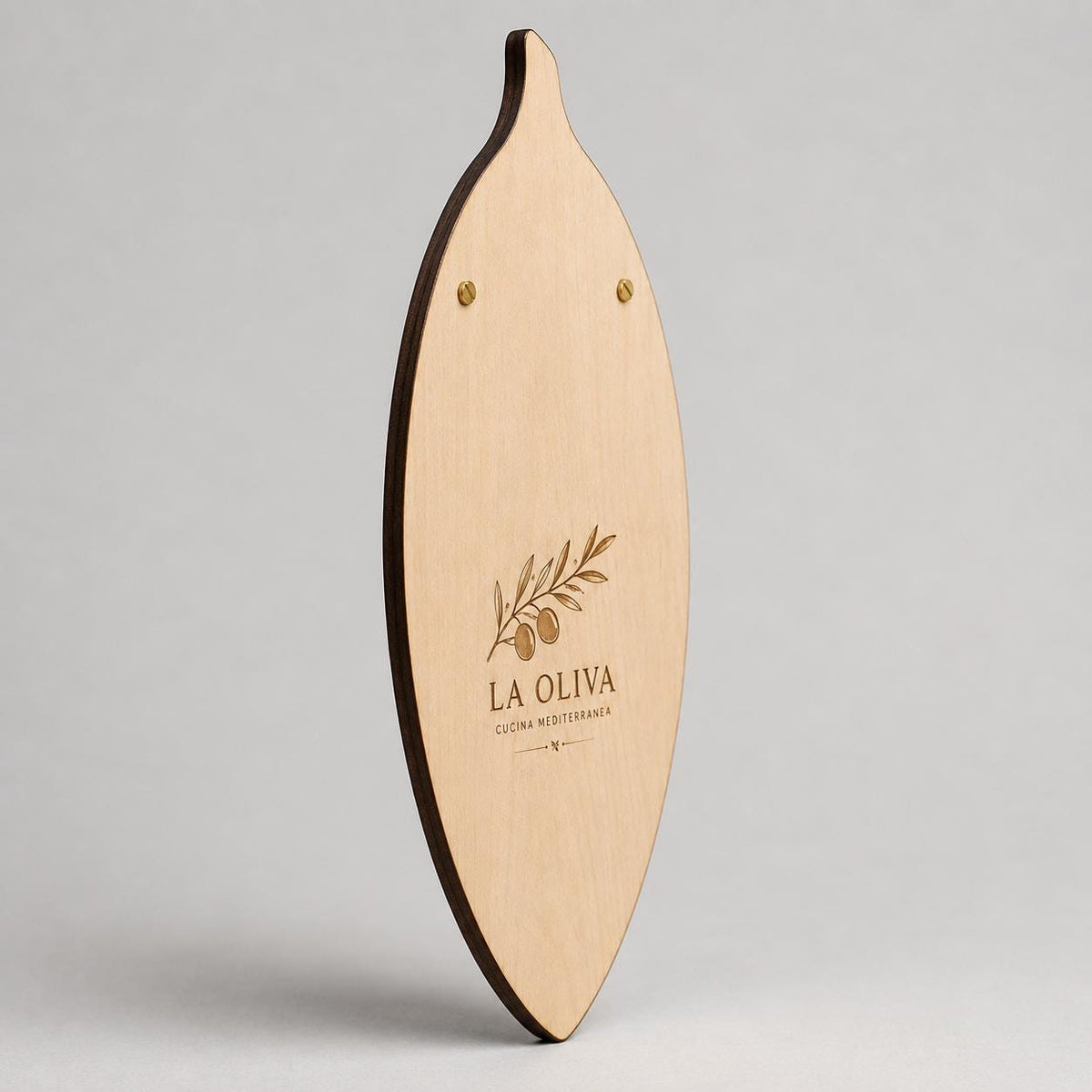 Portamenu in Legno a Forma di foglia di oliva noce scuro, Tavoletta per Ristorante mediterraneo, Clipboard Personalizzata Incisione Logo